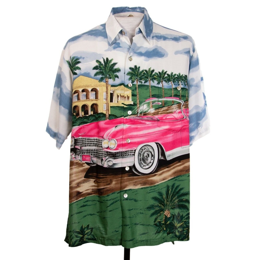 Tori Richard Mens M Pink Car Mansion Beach‎ Camp Hawaiian Shirt Long Slit